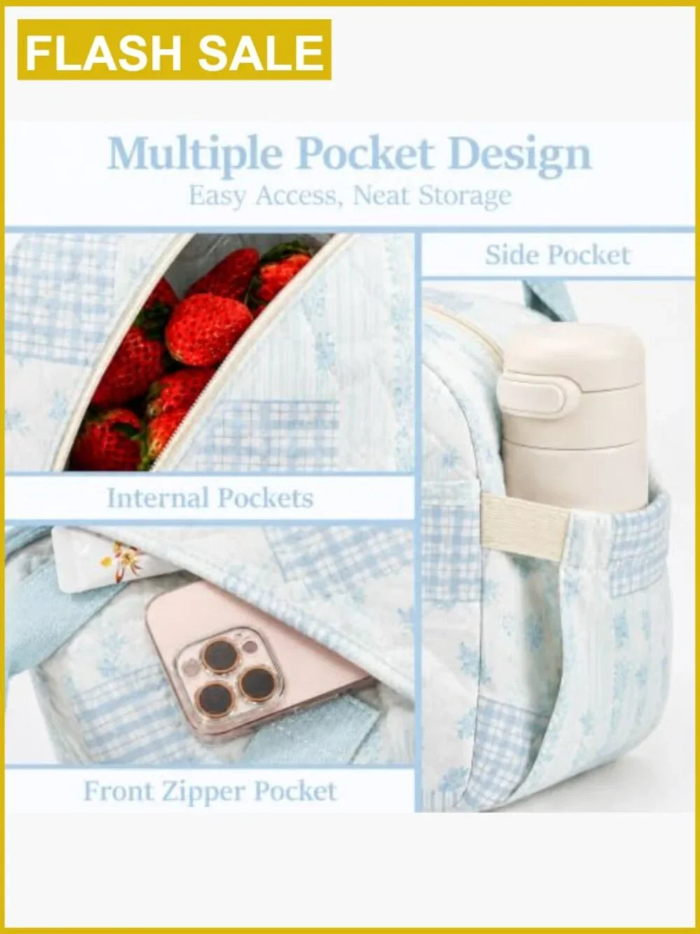 Quilted Insulated Lunch Tote for Women Floral Reusable Lunch Bag with Pockets